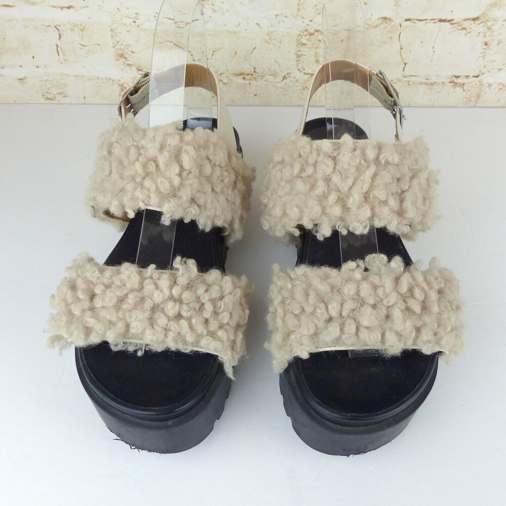 Urban Outfitters Sandal Womens 7 Beige Lexi Faux Sherpa Straps Platform Gorpcore - Picture 6 of 14